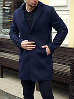 Мужское длинное пальто кашемировое двубортное синее приталенное весеннее M (Bon)