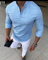Мужская рубашка льнаная молодежная приталенная с длинным рукавом классическая голубая M (Bon)