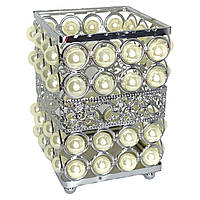 Дизайнерский органайзер - подставка для хранения кистей и пилок металлический с кристаллами Серебро квадратная с жемчугом №44