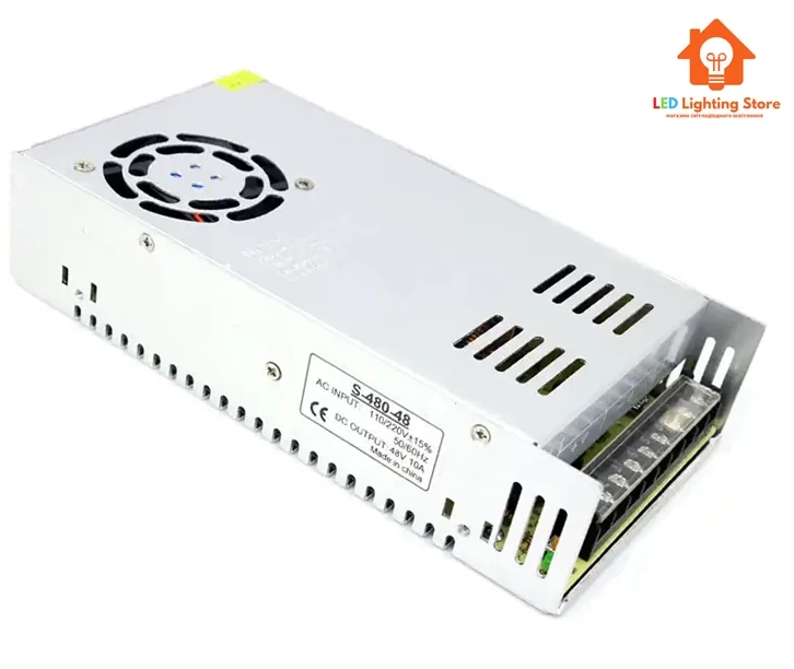 Блок живлення 48V, 480W, 10А, металевий корпус, IP20, негерметичний, для внутрішнього застосування.