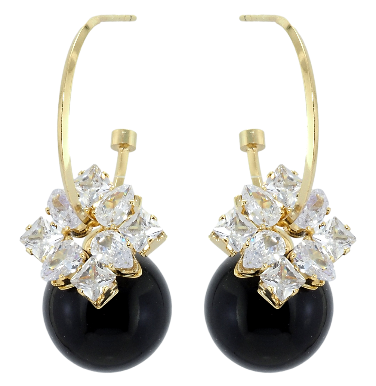 Сережки Xuping QQMM Позолота 14K пусети "Чорні кульки з фіанітами на півкільцях"