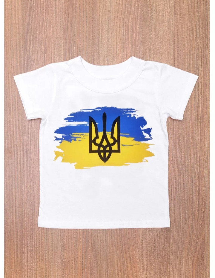 Футболка для хлопчика біла з принтом Герб патріотична легкий бавовну тканини Кулір зростання 122-128 см 2387