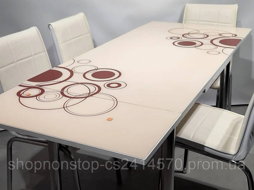 Раскладной стол обеденный кухонный комплект стол и стулья рисунок 3д "Круги коричневые" стекло 70*110 Mobilgen - фото 4 - id-p630582363