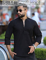 Черная мужская рубашка с воротником стойка однотонная, турецкая Приталенная с длинным рукавом