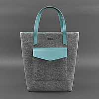 Фетрова жіноча сумка-шопер зі шкіряними бірюзовими вставками, шопер із фетру та натуральної шкіри