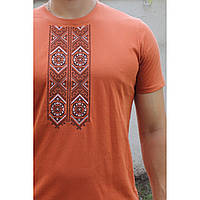Современная мужская футболка вышиванка оранжевая (терракотовая) с машинной вишивкой, Ладан
