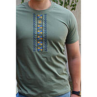 Мужская патриотическая футболка вышиванка цвета хаки (оливковая) с небольшим тризубом, Ладан 44 52
