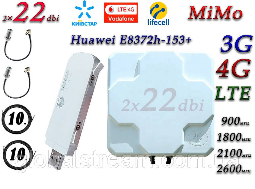 Повний комплект для 4G/LTE/3G з Huawei E8372h-153+ і Антена планшетна MIMO 2×22dbi ( 44 дб) 698-2690 МГц, фото 1