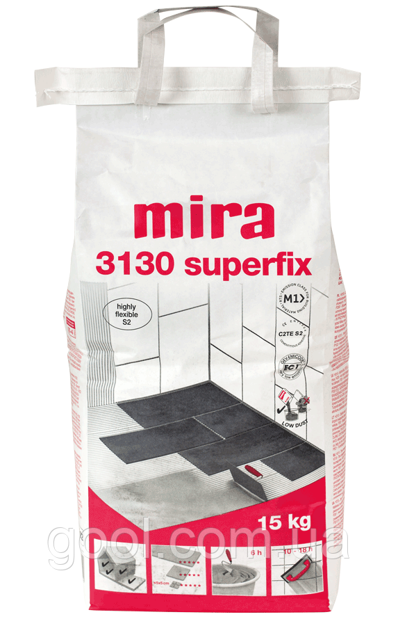 Клей Mira 3130 Superfix (Міра Суперфікс) білого коліру для плитки та каменю мозаїки C2TE S2 для електричної теплої підлоги 15 кг