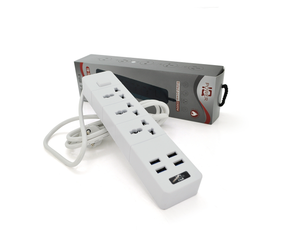 Сетевой фильтр ТВ-Т08, 3 розетки + 4 USB, 2 м, сечение 3х0,75мм, 2500W, White, Box