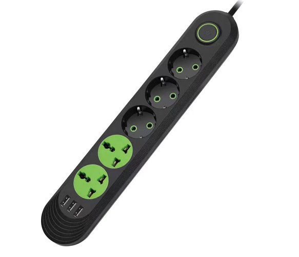 Сетевой фильтр F02U, 3 розетки EU + 2 розетки Universal + 3 USB, 1.5 м, сечение 3х0,75мм, 2500W, Black, Box