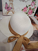 Шляпа женская пляжная плетёная (белая с коричневым бантом) LULOVE C4411