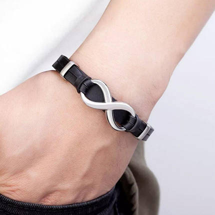 Браслет шкіряний Zig Jewelry зі сріблястою вставкою нескінченність чорна шкіра, фото 3