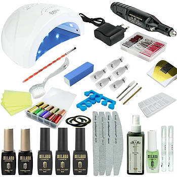 Стартовий набір для манікюру лампа для нігтів Sun One 48W фрезер ручка 20000об/хв гель лаками Milano