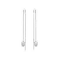 Серебряные серьги протяжки Тезубец - герб Украины на тонкой цепочке