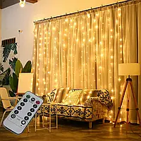 Гирлянда штора 3*3м 300 led Curtain теплый белый 8 режимов пульт