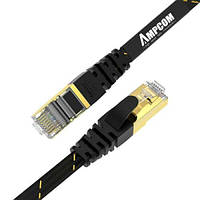 Патч корд Ampcom 2м сетевой кабель 10 Гбит\с Ethernet RJ45 Cat 7 плоский черный в оплетке