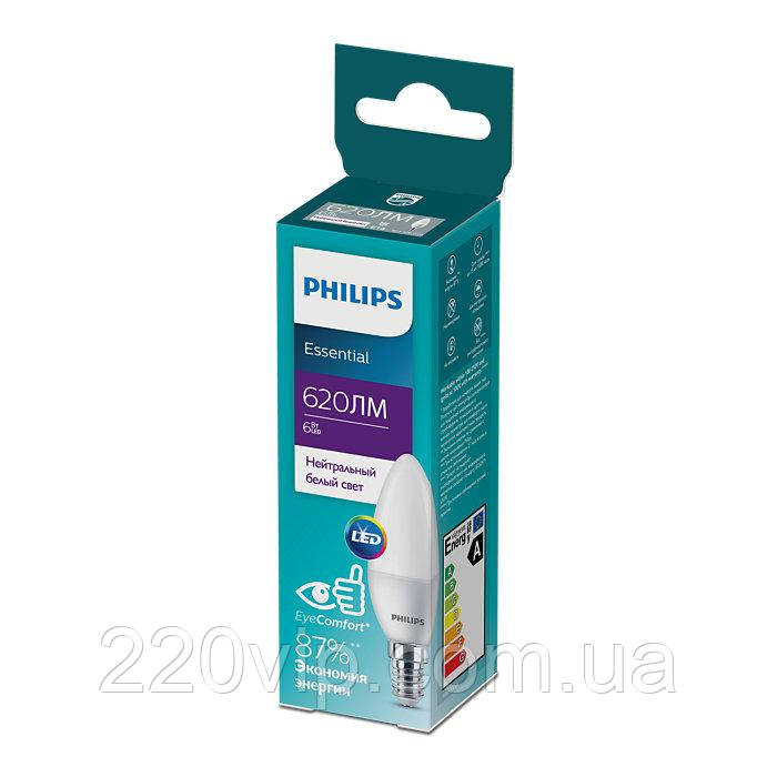 Лампа Philips ESSLEDCandle 6W 620lm E14 840 B35NDFRRCA світлодіодна лампочка LED-світло свічення 67с нейтральне світло