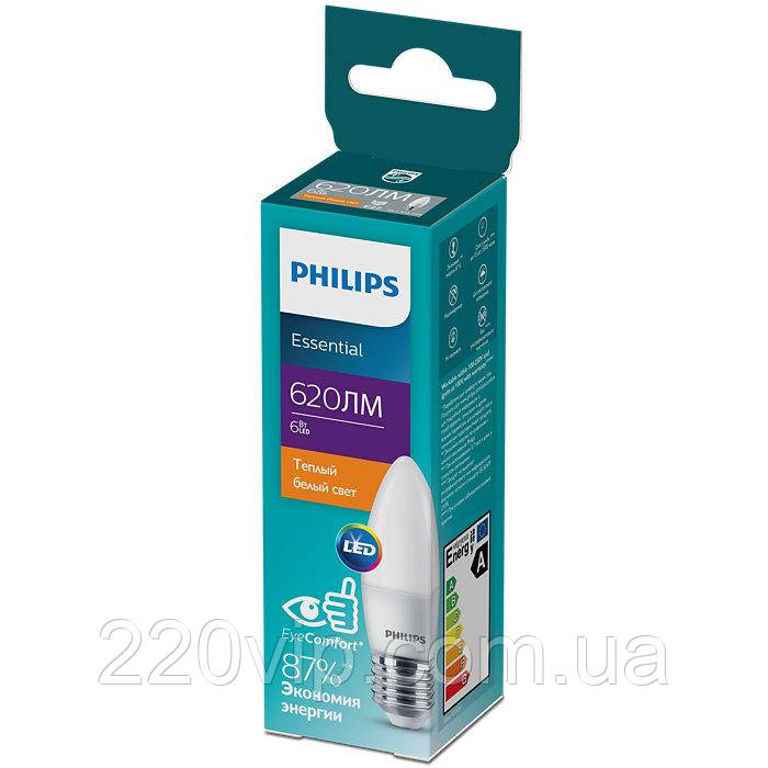 Лампа Philips ESSLEDCandle 6W 620lm E27 827 B35NDFRRCA світлодіодна, лампочка LED-свічка 67с, тепле світло