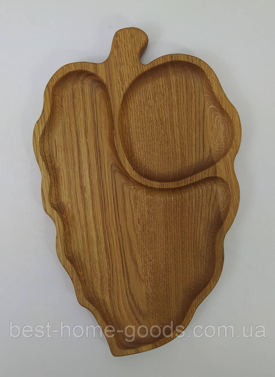 Дошка менажниця дерев’яна фігурна “Виноградний лист” з дуба на 2 секції, 37×24×2,2 см — еко посуд для подачі страв, фото 1