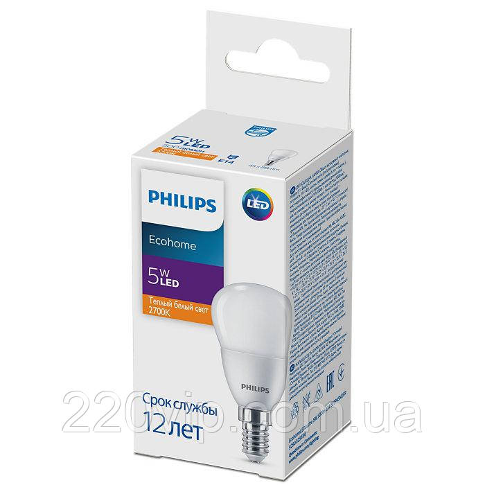 Лампа Philips EcohomeLEDLustre 5W 500 lm E14 827P45NDFR світлодіодна, лампочка лід крапля 67с, тепле світло