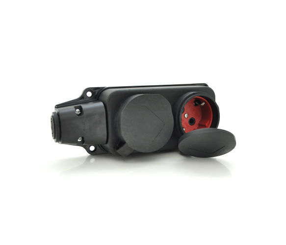 Колодка PiPo PP/SP-3132/2/44/16B, 16А, 220-240В, IP44, с заглушкой, с заземлением 2 гнезда, каучук, черный