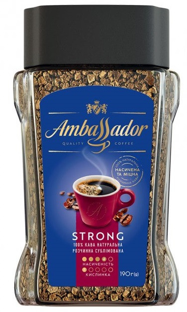 Ambassador Strong кава розчинна міцна 190 грамів у скляній баночці, фото 1