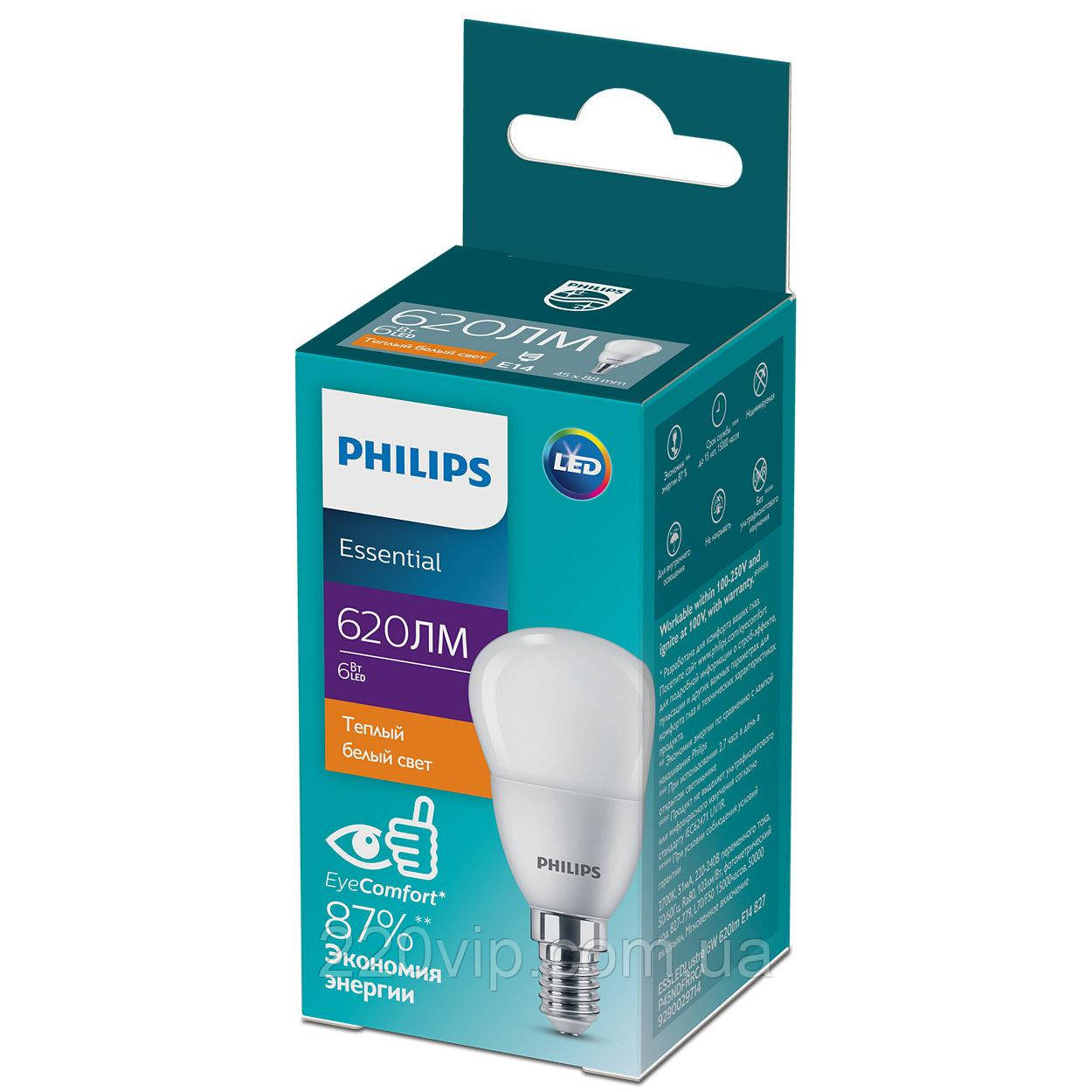Лампа Philips ESSLEDLustre 6W 620lm E14 827 P45NDFRRCA світлодіодна, лампочка лід крапля Філіпс, тепле світло