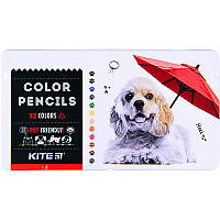 Карандаши цветные трёхгранные Kite Dogs K22-058-1, 12 цветов, металлический пенал