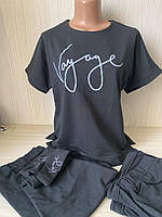 Стильный черный летний женский костюм тройка, штаны футболка шорты, размер 50-52