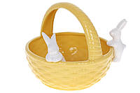Конфетница/кашпо керамическая Зайчики в корзине, 22см, цвет - желтый с белым