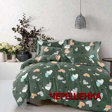 Тканина для постільної білизни Бязь "Gold" Lux GL3689green (50м) сердечки на зеленому, фото 1