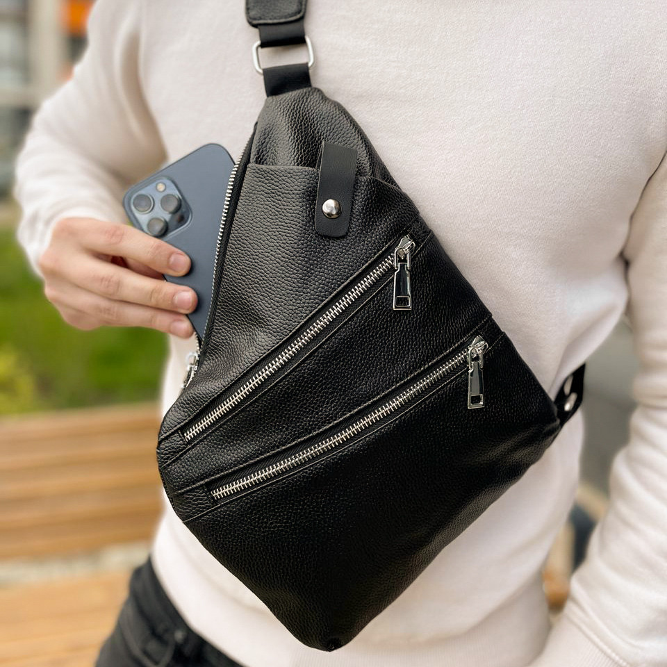 Чоловіча нагрудна шкіряна сумка слінг CROSS BODY ЕКОШКІРА чорна через плече