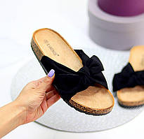 Жіночі літні шльопанці з бантом на низькій підошві чорні