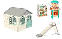 Дитячий середній ігровий пластиковий будиночок зі шторками, дитяча пластикова гірка ТМ Doloni і кухня ТехноК