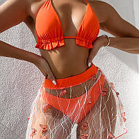 Оранжевый купальник с лифом шторки и короткая юбка из сетки с бабочками (р. S, M, L) 68kl1015 M