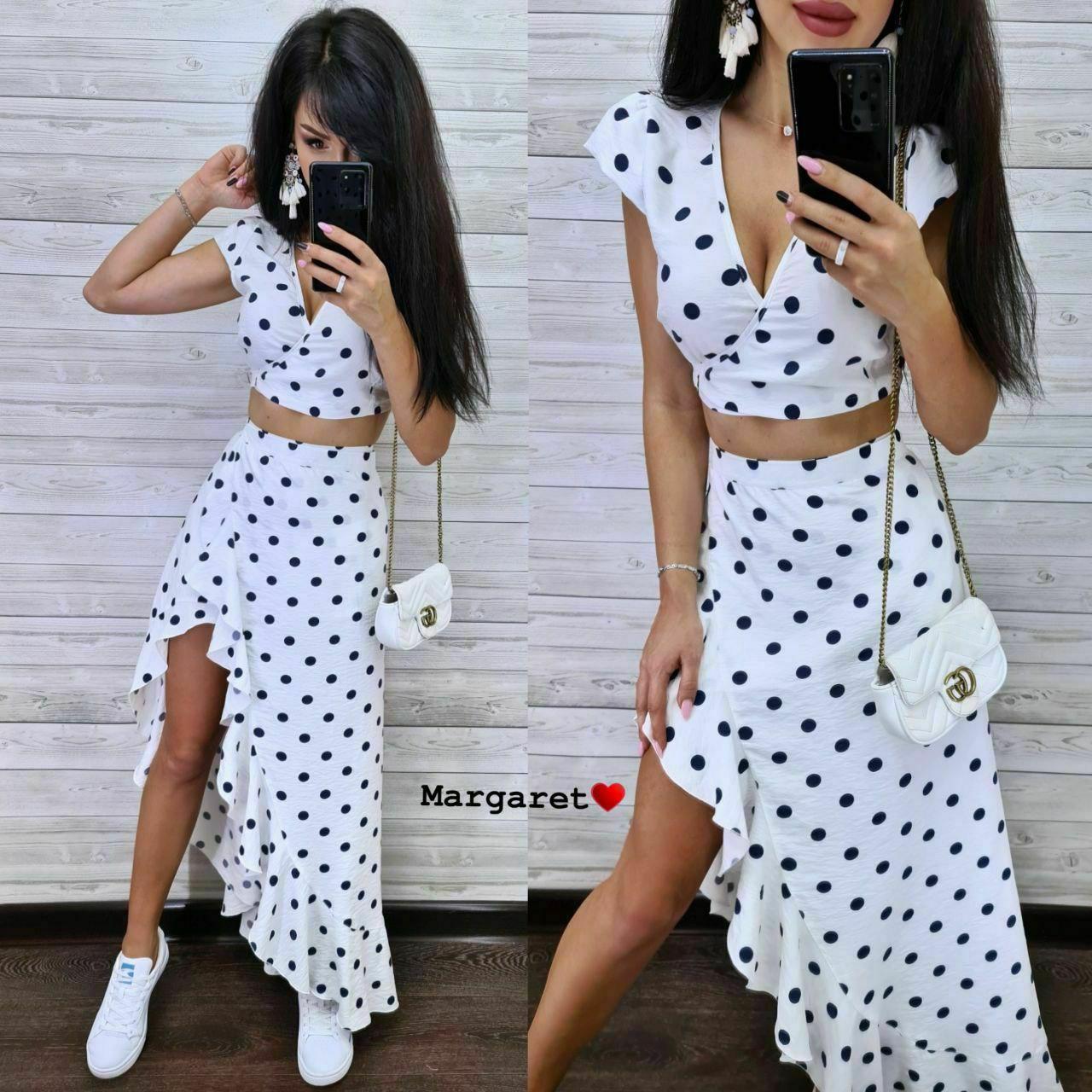 Спідничний костюм у горошок з довгою асиметричною спідницею на запах та топом (р. 42-44) 9KO2389, фото 1