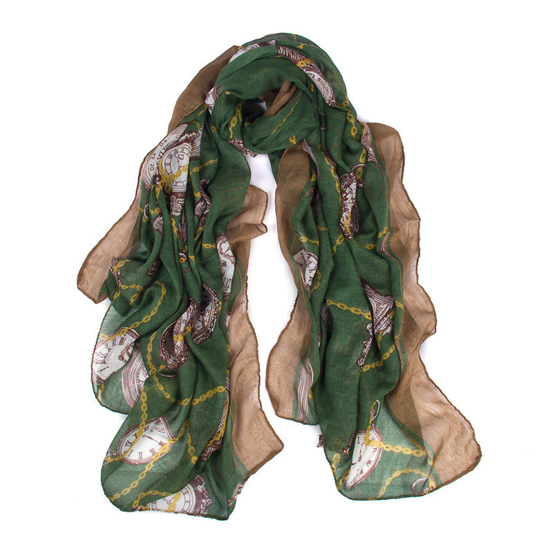 Жіночий зелений шарф з малюнком у вигляді годинника, фото 1