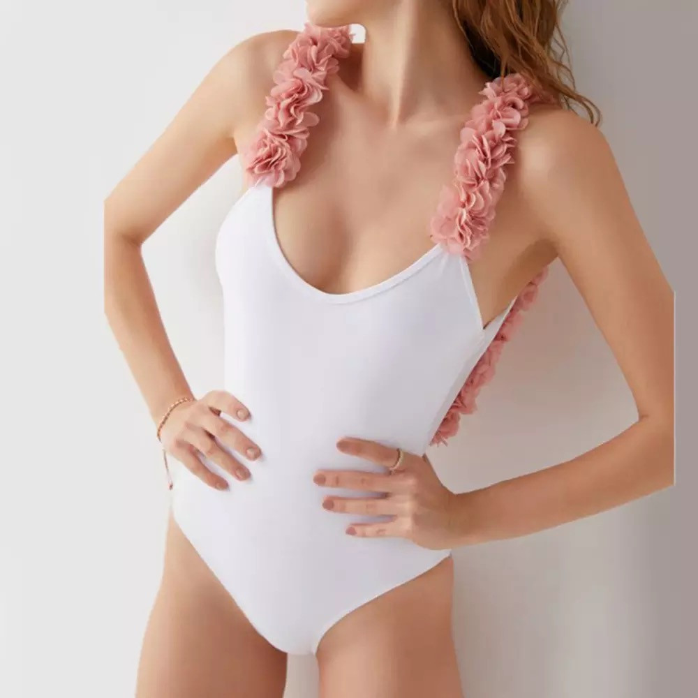 Купальник злитий з шифоновими рожевими квітами, білий розмір Л, ХЛ, фото 1