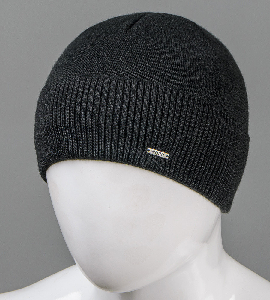 Вязана вовняна чоловіча шапка з відворотом Nord на флісі,  (171812), Чорний, фото 1