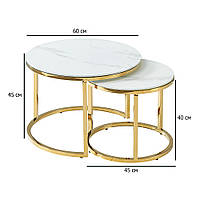 Комплект круглых журнальных столиков Muse II 60 см и 45 см белый мрамор на золотых ножках в гостиную