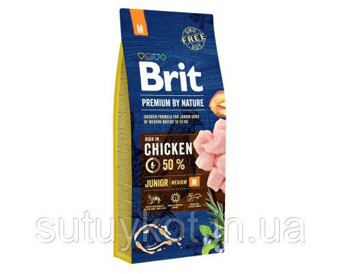 Brit Premium Junior М Брит пеміум джуніор М корм для цуценят середніх порід собак з куркою, 15 кг