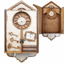 Подарований дерев'яний сувенірний набір "Настінна ключниця маленький будинок з годинником" ручної роботи