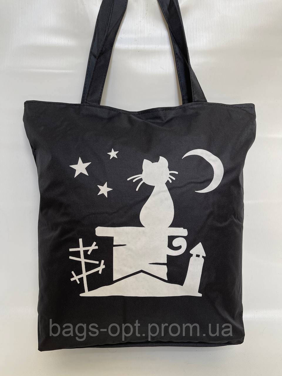 Чорна сумка шопер тканинна коттонова з принтом кота, фото 1