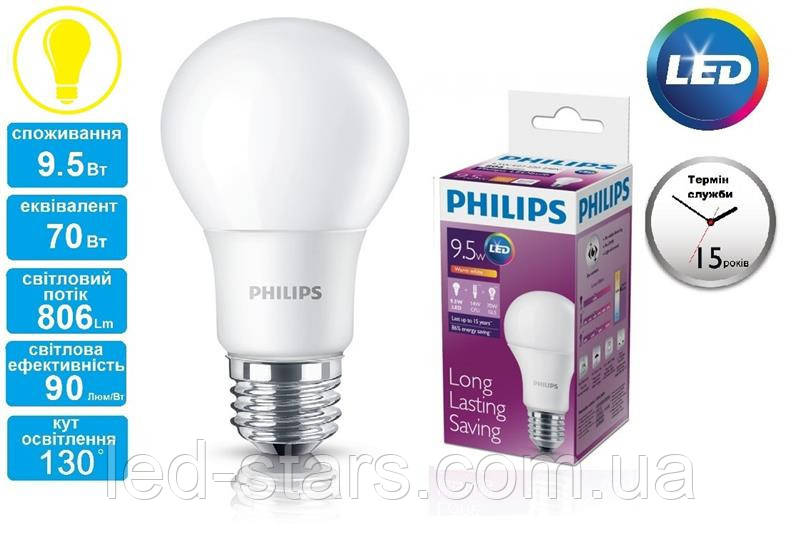 Лампа светодиодная PHILIPS_LEDBulb 9.5-70W (806Lm) 3000K 230V A60_E27, фото 1