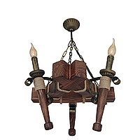 Люстра деревянная треугольная на цепи (3 факела) в беседку, альтанку, сауну, дом - ковка под старину