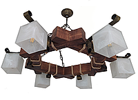 Люстра деревянная шестигранная на цепи (6 плафонов) в беседку, альтанку, сауну, дом - ковка под старину