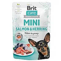 Влажный корм для стерилизованных собак малых пород Brit Care Mini pouch лосось и сельдь в соусе 85гр*24шт