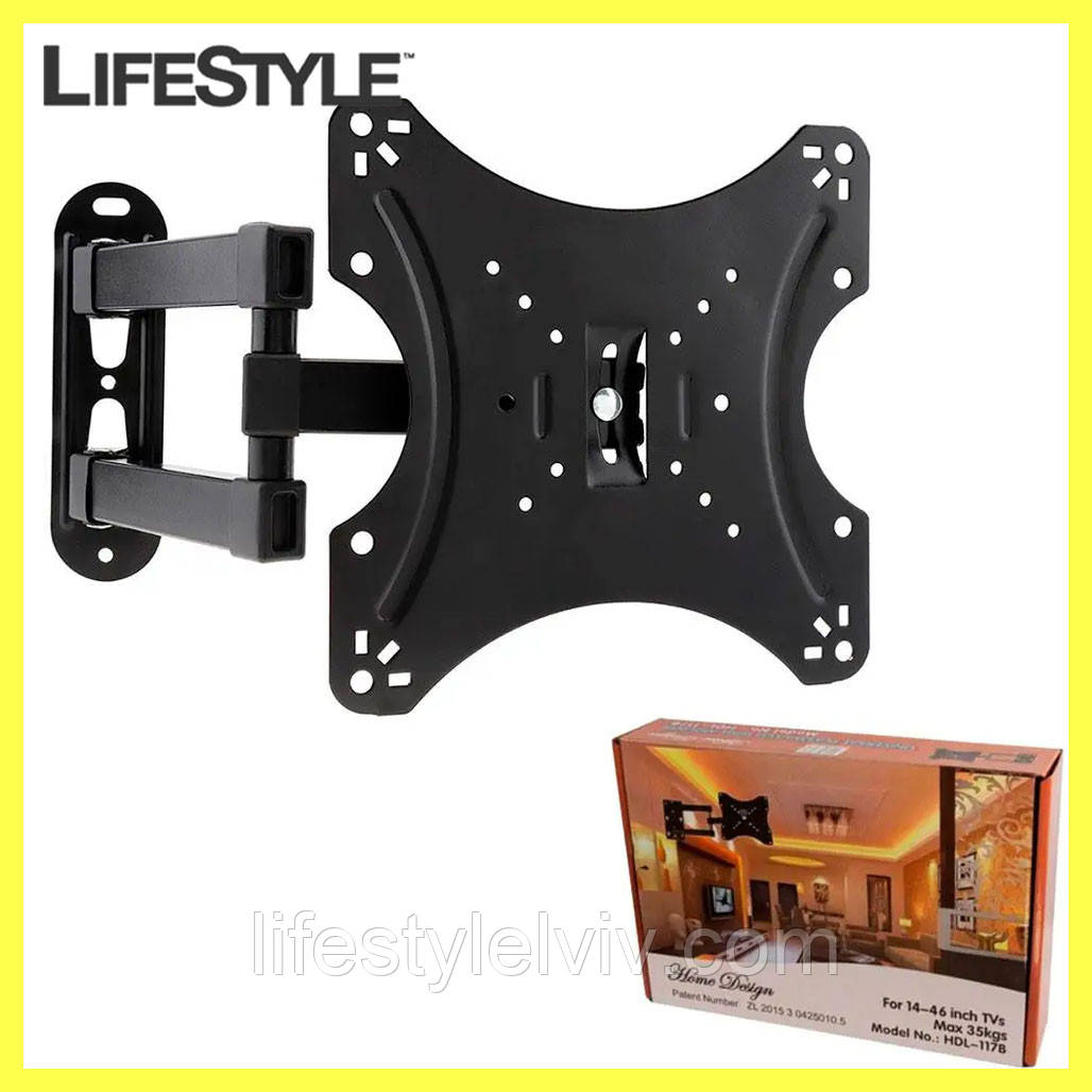 Кронштейн для телевізора 14"-42" HDL-117B до 35 кг 200х200 / Поворотне кріплення для LCD телевізорів на стіну, фото 1