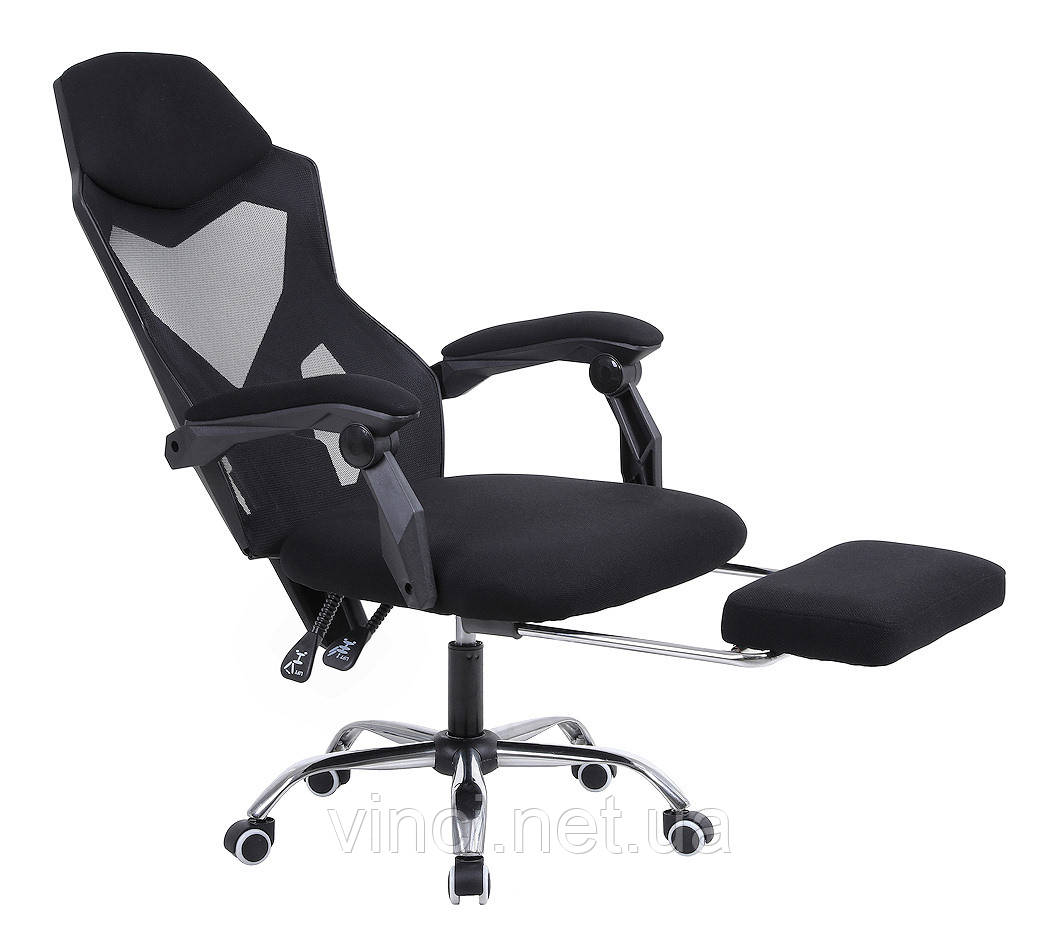 Офісне крісло ігрове в сітку YODA ЧОРНЕ крісло спортивне + підніжка для ніг ігровой стул спортивний стілець, фото 1